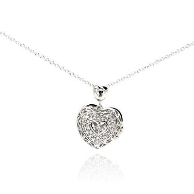 Sterling Silver Necklace with Filigree Vine Design Inlaid with Czs Heart Locket Pendant