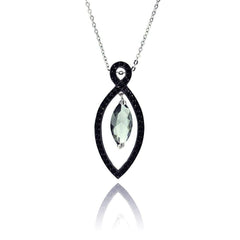 Sterling Silver Necklace with Paved Black Czs Marquise Shaped Pendant with Dangling Marquise Cut Light Green Cz
