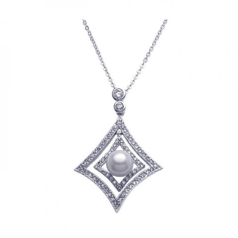 Sterling Silver Necklace with Classy Paved Cz Cut-Out Diamond Shaped with Centered White Pearl Pendant