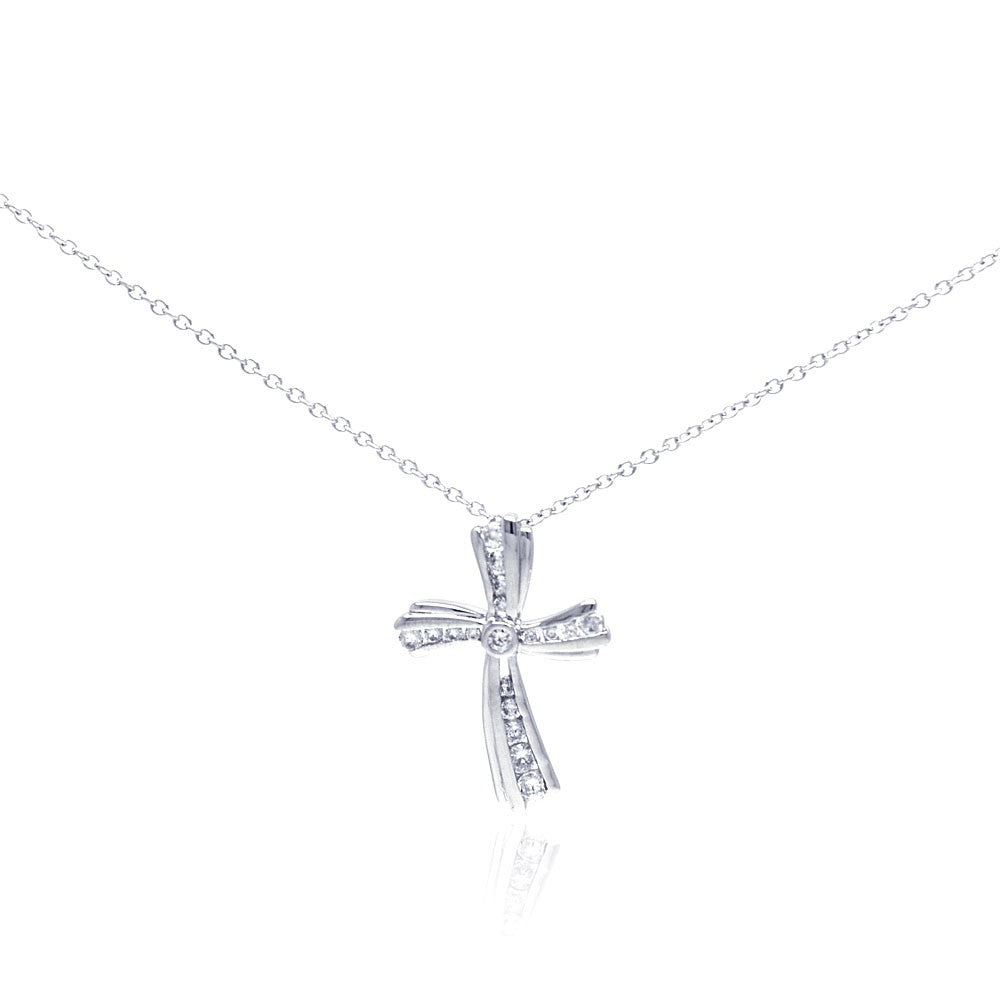 Sterling Silver Rhodium Plated Curvy Cross CZ Necklace