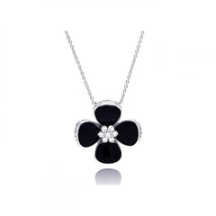 Sterling Silver Necklace with Fancy Black Onyx Flower Inlaid with Clear Czs Pendant
