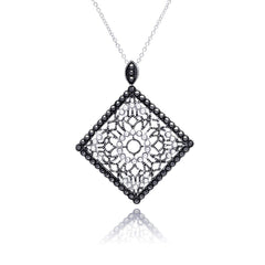 Sterling Silver Necklace with Fancy Diamond Shaped Pendant Inlaid with Black Cz and White Pearls