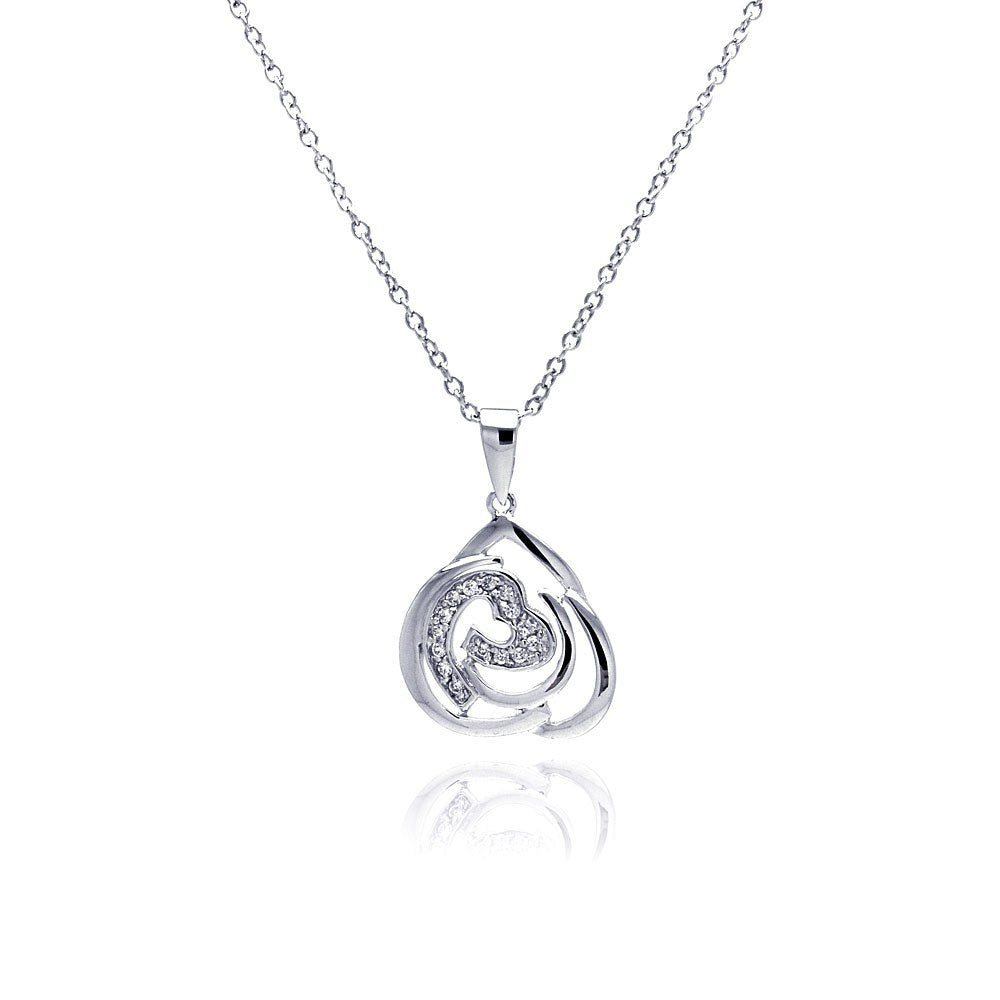 Sterling Silver Necklace with Abstract Heart Design Inlaid with Clear Czs Pendant