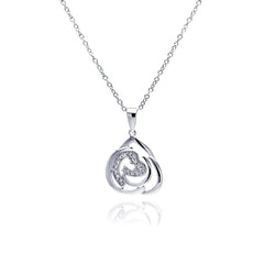 Sterling Silver Necklace with Abstract Heart Design Inlaid with Clear Czs Pendant