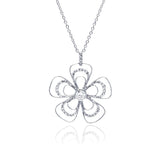 Sterling Silver Necklace with Delicate Three Layered Flower Design Inlaid with Clear Czs Pendant