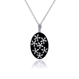 Sterling Silver Necklace with Oval Black Enamel Pendant Inlaid with Flower Cz Design
