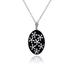 Sterling Silver Necklace with Oval Black Enamel Pendant Inlaid with Flower Cz Design