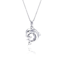 Load image into Gallery viewer, Sterling Silver Necklace with Modish Dolphin Leaping Over Hoop Inlaid with Two Clear Czs Pendant