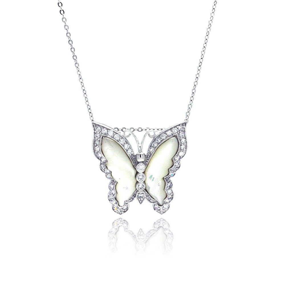Sterling Silver Necklace with Antique Style Mother of Pearl Butterfly Inlaid with Clear Czs Pendant