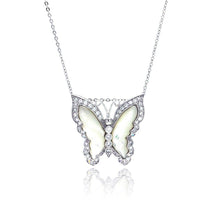 Load image into Gallery viewer, Sterling Silver Necklace with Antique Style Mother of Pearl Butterfly Inlaid with Clear Czs Pendant