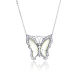 Sterling Silver Necklace with Antique Style Mother of Pearl Butterfly Inlaid with Clear Czs Pendant