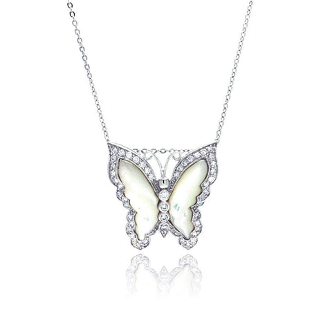 Sterling Silver Necklace with Antique Style Mother of Pearl Butterfly Inlaid with Clear Czs Pendant