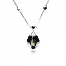 Load image into Gallery viewer, Sterling Slver Necklace with Stylish Teardrop Pendant Centered with Green Cz Stone and Inlaid with Black Baguette and Clear Czs