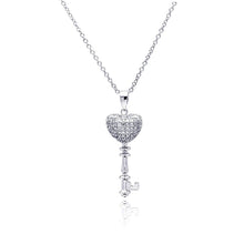 Load image into Gallery viewer, Sterling Silver Necklace with Paved Clear Czs Heart Key Pendant