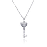 Sterling Silver Necklace with Paved Clear Czs Heart Key Pendant