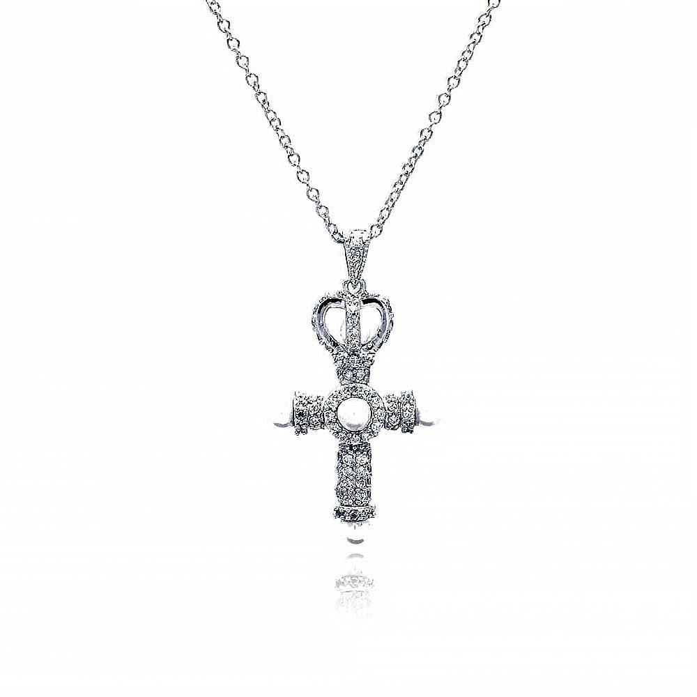 Sterling Silver Rhodium Plated Cross Crown CZ Center Pearl Necklace