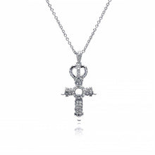 Load image into Gallery viewer, Sterling Silver Rhodium Plated Cross Crown CZ Center Pearl Necklace