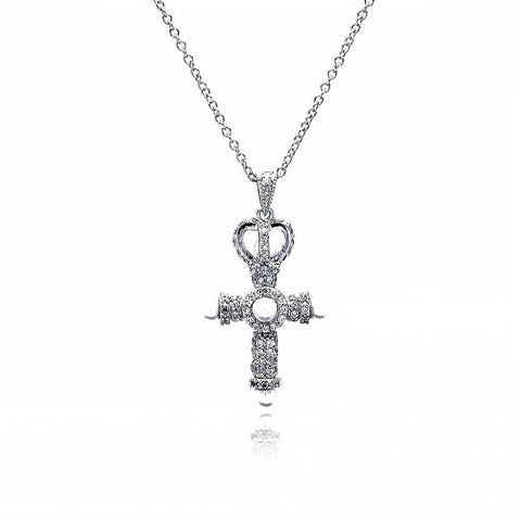 Sterling Silver Rhodium Plated Cross Crown CZ Center Pearl Necklace