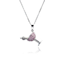 Load image into Gallery viewer, Sterling Silver Necklace with Fancy Martini Pendant Inlaid with Micro Paved Clear &amp; Pink Czs