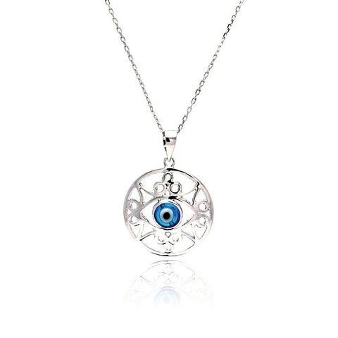Sterling Silver Necklace with Round Fancy Cut-Out Pattern Design Blue Evil Eye Pendant