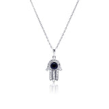 Sterling Silver Rhodium Plated Hamsa Evil Eye CZ Necklace