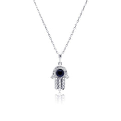 Sterling Silver Rhodium Plated Hamsa Evil Eye CZ Necklace