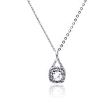 Sterling Silver Necklace with Elegant Soiltaire Round Cz Pendant with Double Square Paved Halo Setting