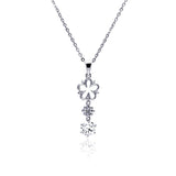 Sterling Silver Necklace with Double Flower Link and Soiltare Round Cut Clear Cz Dangling Pendant