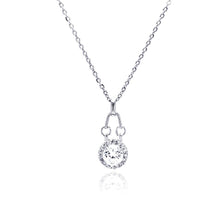 Load image into Gallery viewer, Sterling Silver Necklace with Fancy Paved Cz Open Circle Pendant with Dangling Heart Cut Cz on Center