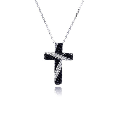 Sterling Silver Rhodium Plated Black and Clear Cross CZ Necklace