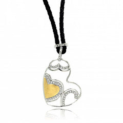 Genuine Black Leather Cord Necklace with Sterling Silver Two-Toned Fancy Open Heart Inlaid with Clear Czs PendantAnd Chain Length of 16 And Pendant Dimensions: 35.3MMx30.5MM