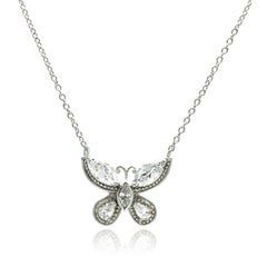 Sterling Silver Necklace with Fancy Butterfly Inlaid with Marquise and Pearshape Cut Clear Czs PendantAnd Chain Length of 16 -18 And Pendant Dimensions: 18.65MMx23.2MM