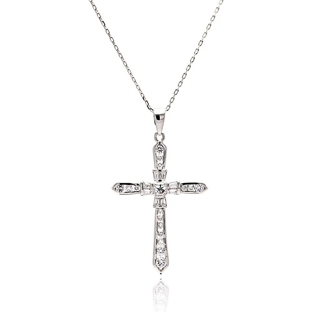 Sterling Silver Rhodium Plated Cross CZ Necklace