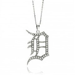 Sterling Silver Necklace with Fancy Bling  D  Initial Letter Inlaid with Clear Czs PendantAnd Pendant Dimensions of 37.6MMx23.7MM