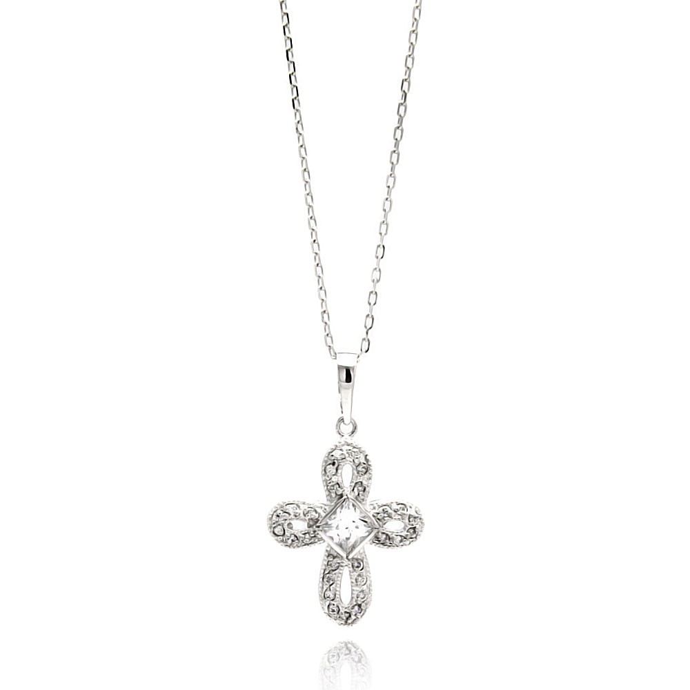 Sterling Silver Rhodium Plated Open Cross CZ Necklace