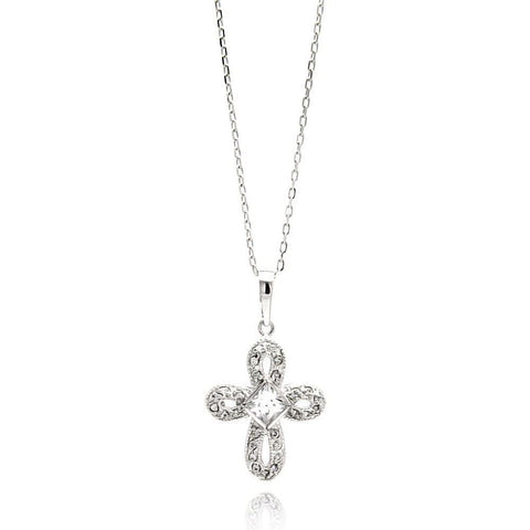 Sterling Silver Rhodium Plated Open Cross CZ Necklace