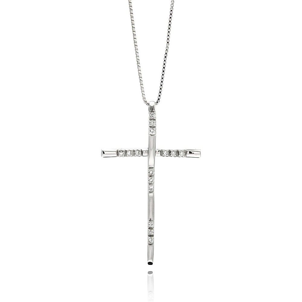 Sterling Silver Rhodium Plated Cross CZ Necklace