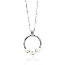 Load image into Gallery viewer, Sterling Silver Necklace with Stylish Open Circle Pendant with Three Graduated White Pearls and Inlaid with Clear CzsAnd Pendant Diameter of 22.3MM