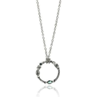 Sterling Silver Necklace with Fancy Twisted Rope Circle Pendant Inlaid with Different Cuts of Clear Cz on Bezel SettingAnd Pendant Diameter of 12.9MM