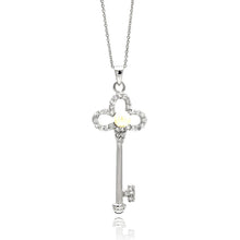 Load image into Gallery viewer, Sterling Silver Necklace with Fancy Clover Key Pendant with Centered White Pearl and Clear Czs InlaidAnd Chain Length of 16 -18  AdjustableAnd Pendant Dimension: 47.6MMx20MM
