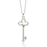 Sterling Silver Necklace with Fancy Clover Key Pendant with Centered White Pearl and Clear Czs InlaidAnd Chain Length of 16 -18  AdjustableAnd Pendant Dimension: 47.6MMx20MM