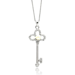 Sterling Silver Necklace with Fancy Clover Key Pendant with Centered White Pearl and Clear Czs InlaidAnd Chain Length of 16 -18  AdjustableAnd Pendant Dimension: 47.6MMx20MM