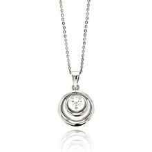 Load image into Gallery viewer, Sterling Silver Necklace with High Polished Double Open Circle Pendant Set with Round Clear Cz on Center. Pendant Diameter of 15.4MM