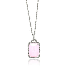 Sterling Silver Necklace with Elegant Radiant Cut Pink Stone Pendant with Paved Clear Czs on Halo SettingAnd Chain Length of 16 -18 And Pendant Dimensions: 22.5MMx14.6MM
