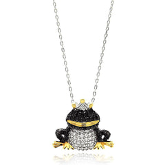 Sterling Silver Necklace with Three-Toned Paved Black and Clear Czs Frog Prince PendantAnd Chain Length of 16 -18 And Pendant Dimensions: 20MMx22MM