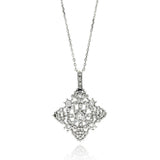 Sterling Silver Necklace with Antique Style Diamond Shaped Filigree Czs PendantAnd Chain Length of 16 -18 And Pendant Dimensions: 35.2MMx26.3MM