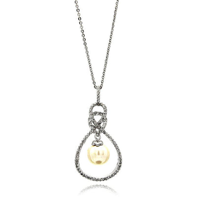 Sterling Silver Necklace with Fancy Paved Czs Open Teardrop Centered with Hanging Pearl PendantAnd Chain Length of 16 -18  AdjustableAnd Pendant Dimensions: 30MMx18MM Pearl: 8MM