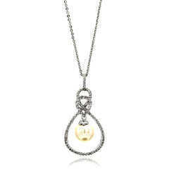 Sterling Silver Necklace with Fancy Paved Czs Open Teardrop Centered with Hanging Pearl PendantAnd Chain Length of 16 -18  AdjustableAnd Pendant Dimensions: 30MMx18MM Pearl: 8MM