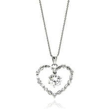 Load image into Gallery viewer, Sterling Silver Necklace with Open Heart Set with Round and Baguette Czs with Centered Solitaire Prong Round Cut Cz PendantAnd Chain Length of 16 -18  AdjustableAnd Pendant Dimensions: 21.5MMx23.9MM