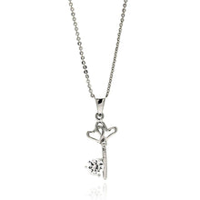 Load image into Gallery viewer, Sterling Silver Necklace with Trendy Open Heart Key with Single Round Cut Clear Cz PendantAnd Chain Length of 16 -18  AdjustableAnd Pendant Dimensions: 21.8MMx10MM